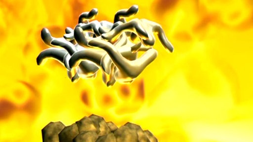 3D-Animation: Die Schlacke, dargestellt als bräunlicher Klumpen, löst sich vom glänzenden Stahl und sinkt nach unten.