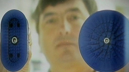 Blick durch eine Glasscheibe auf einen Mann, der zwei große blaue Saugnäpfe an die Scheibe presst. (Foto: SWR)