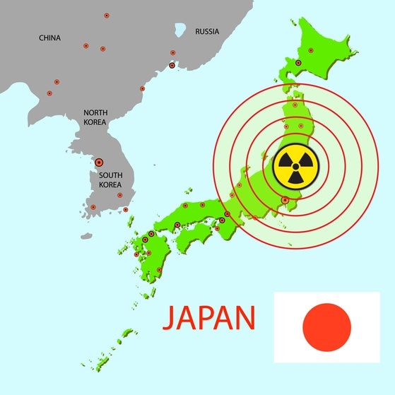Japan-Karte mit Warnzeichen Radioaktivität.
