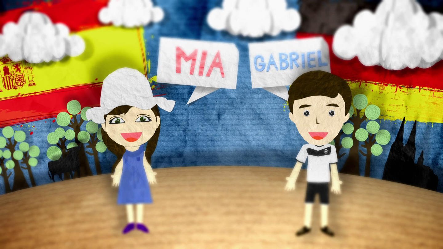 Screenshot aus einer Animation: Ein Mädchen mit Hut und ein Junge im Fußballtrikot.