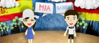 Screenshot aus einer Animation: Ein Mädchen mit Hut und ein Junge im Fußballtrikot.