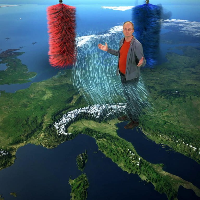 Sven Plöger ist auf eine Europa-Karte animiert und erklärt Windströme. (Foto: SWR – Screenshot aus der Sendung)