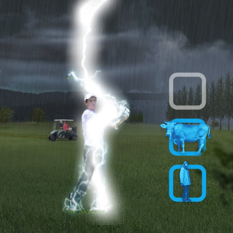 Im Lernspiel Blitzsimulator wir ein Golfspieler von einem Blitz getroffen. Sein Schläger aus Metall, den er über den Kopf hält, wirkt wie eine Blitzableiter.