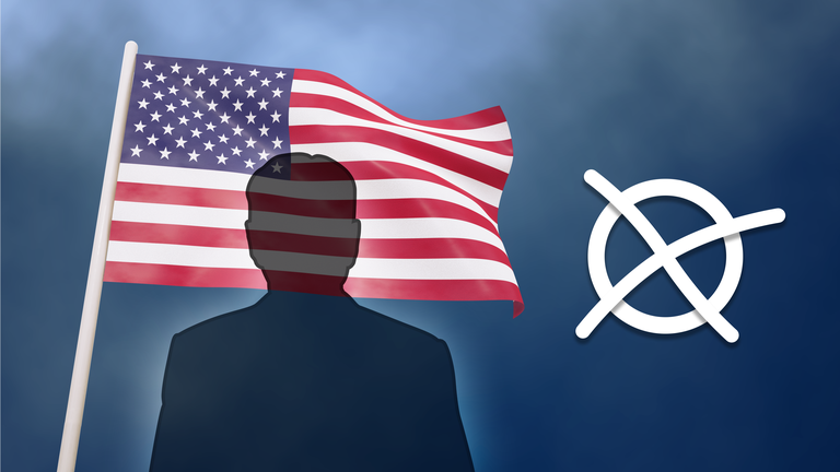 Graphische Darstellung: Silhouette eines Mannes vor USA-Flagge und Kreuzchen auf einem Wahlzettel
