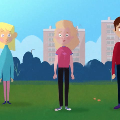 Zeichnung von mehreren Kindern vor einer Stadt (Foto: SWR – Screenshot aus der Sendung)