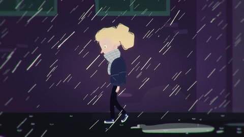 Mädchen läuft durch Regen.
