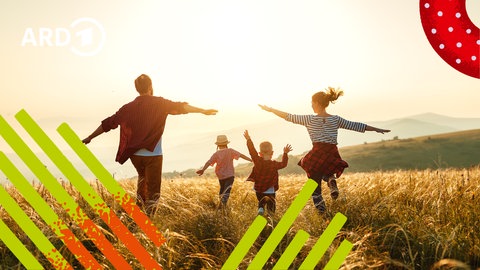Eltern mit zwei Kindern laufen bei Sonnenuntergang auf einer Wiese.