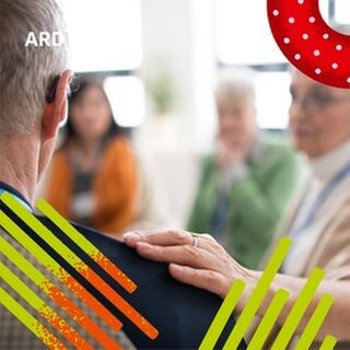 Eine Frau legt zuversichtlich ihre Hand auf die Schulter eines Mannes. 