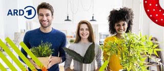 Drei Menschen stehen mit Geschenken im Flur und kommen offensichtlich zu Besuch.