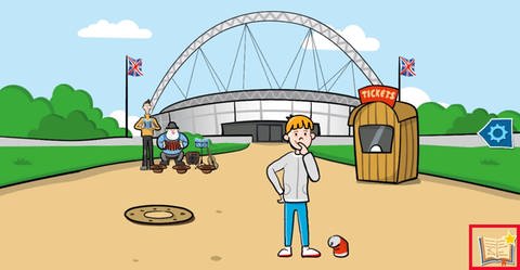 Zeichnung eines Jungen vor einem Fußballstadium, neben dem britische Flaggen hängen. (Foto: SWR - Screenshot aus dem Lernspiel)