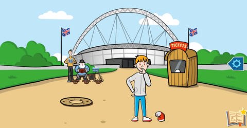 Zeichnung eines Jungen vor dem Wembley-Stadion. (Foto: SWR - Screenshot aus dem Lernspiel)