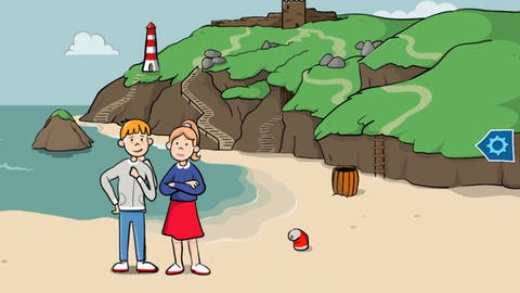 Zeichnung eines Jungen und eines Mädchen, die am Strand stehen. (Foto: SWR - Screenshot aus dem Lernspiel)