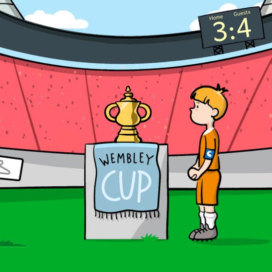 Aus dem Lernspiel: Ein Junge steht im Stadion vor dem Wembley-Cup. (Foto: SWR - Screenshot aus dem Lernspiel)