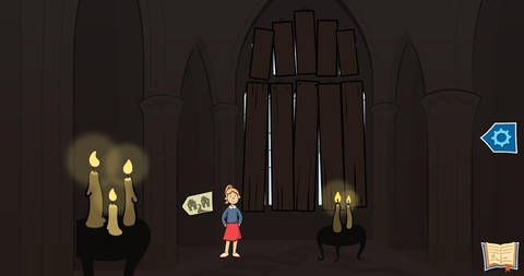 Animiertes Standbild. Ein Mädchen steht in einem dunklen Gemäuer, dass von einigen Kerzen beleuchtet wird, ein hohes Fenster ist zugenagelt. (Foto: SWR - Screenshot aus dem Lernspiel)