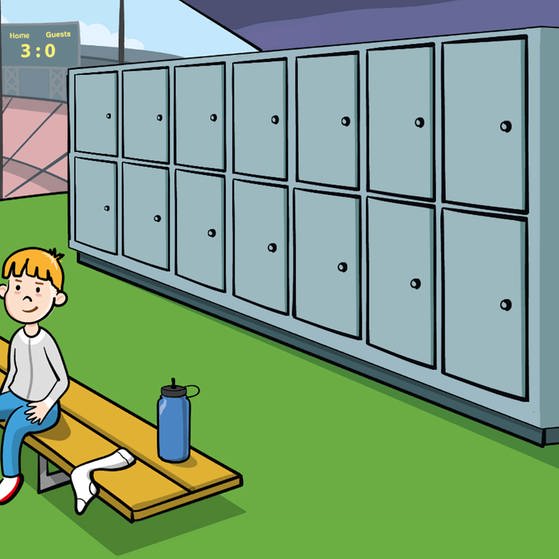 Zeichnung eines Kindes, das im Umkleideraum eines Fußballstation stehts. (Foto: SWR - Screenshot aus dem Lernspiel)