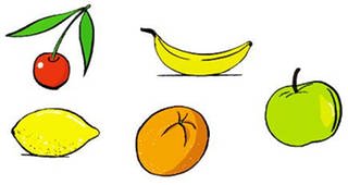 Zeichnung einer Kirsche, Banane, Zitrone, Orange und eines Apfels.