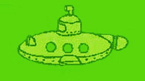 Ein gezeichnetes, hellgrünes U-Boot auf dunkelgrünem Grund.