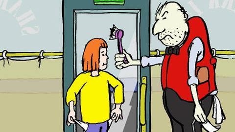 Ein Mädchen steht mit herausgezogenen Hosentaschen an einer Sichterheitsschleuse, neben ihr steht ein Mann, der eine Bürste in der Hand hält.