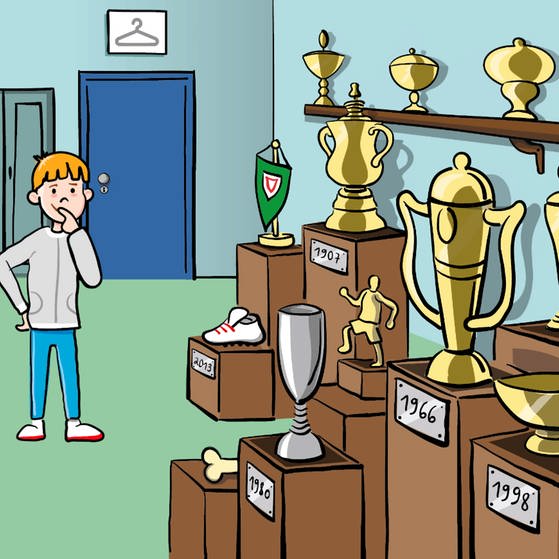Zeichnung eines Jungen, der neben vielen Pokalen steht.