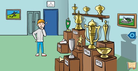Zeichnung eines Jungen, der neben vielen Pokalen steht.