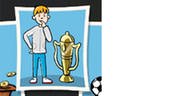 Zeichnung eines Jungen, der neben einem großen, goldenen Pokal steht.