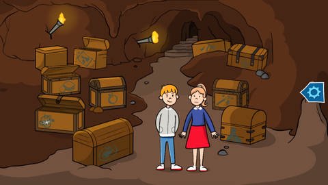 Zeichnung von zwei Kindern in einer Schatzhöhle.