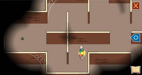 Sicht von oben auf ein animiertes Labyrinth, durch das ein Mädchen mit einer Laterne läuft.