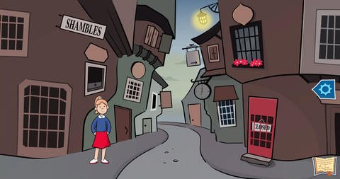 Ein Mädchen steht in einer Gasse mit schiefen Häusern, auf einem Schild steht "SHAMBLES"