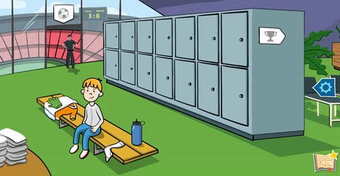 Zeichnung eines Kindes, das im Umkleideraum eines Fußballstation stehts.