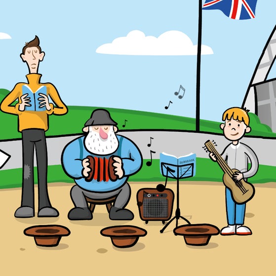 Drei Straßenmusiker spielen vor einem Stadion.