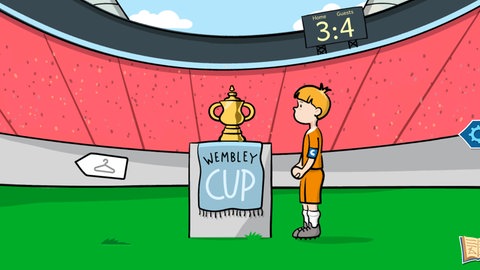 Aus dem Lernspiel: Ein Junge steht im Stadion vor dem Wembley-Cup.