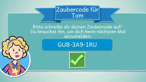 Screenshot aus dem Lernspiel mit dem Zaubercode für Tom.