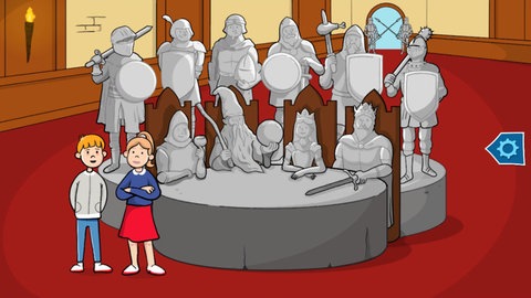 Zeichnung eines Rittersaals mit grauen Figuren, die um einen grauen Tisch sitzen und zwei Kindern in Farbe, die daneben stehen.