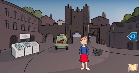 Gezeichnete Ansicht "Vor den Toren von York", im Vordergrund Katie.