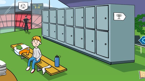 Zeichnung eines Kindes, das im Umkleideraum eines Fußballstation stehts.