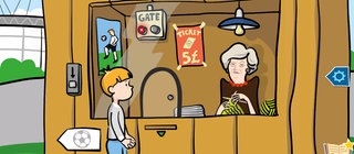 Ein Junge steht vor einem Ticketverkaufsgebäude eines Fußballspiels, in dem eine ältere Frau sitzt.