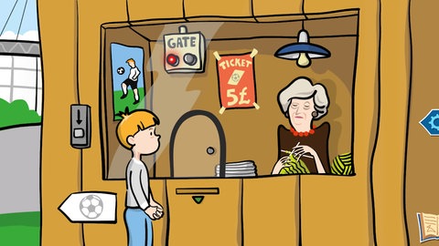 Ein Junge steht vor einem Ticketverkaufsgebäude eines Fußballspiels, in dem eine ältere Frau sitzt.