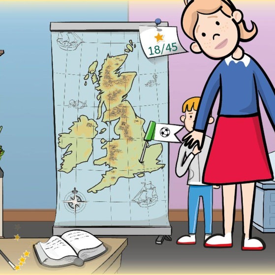 Zeichnung von einer Mutter und ihrem Sohn in einem Kinderzimmer.