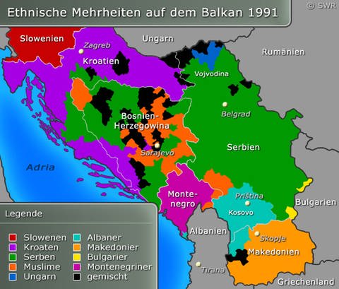 Eine Karte der Ethnischen Mehrheiten auf dem Balkan 1991 (Foto: SWR)