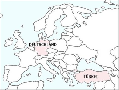 Karte von Europa, auf der Deutschland und die Türkei markiert sind.