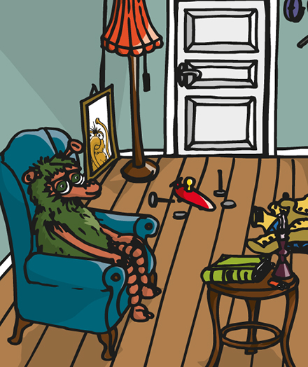Detailansicht des Lernspiels: Mumbro sitzt im Wohnzimmer.