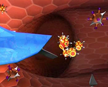 Detailansicht des Trickfilms: Eine Fresszelle entlässt die von ihr produzierten HI-Viren.