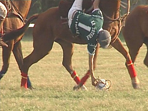 Ein Spieler ergreift den am Boden liegenden Ball. [Klick auf das Bild, schließt das Fenster]