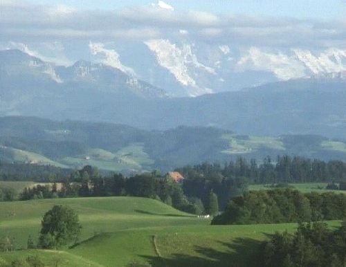 Das Emmental: Grüne Wiesen und hohe Berge am Horizont [Klick auf das Bild, schließt das Fenster]