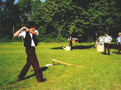 Ein Hornussen Spieler auf einer grünen Wiese [Klick auf das Bild, schließt das Fenster]