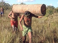 Indianer trägt einen Baumstamm auf den Schultern