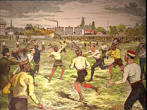 Alte Zeichnung, auf der Missionare und Indianer zusammen spielen [Klick auf das Bild, schließt das Fenster]