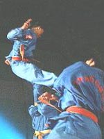 Ein Kämpfer setzt sich mit einen gekonnten Sprung gleich gegen zwei Gegner zur Wehr