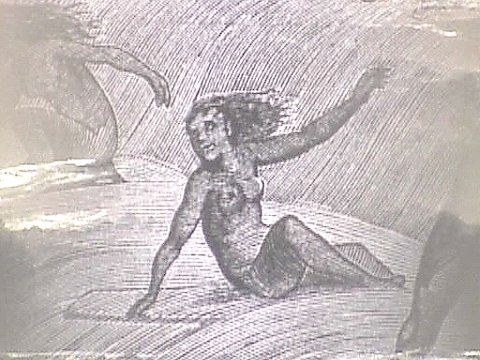 Zeichnung einer nackten Frau beim Surfen [Klick auf das Bild, schließt das Fenster]