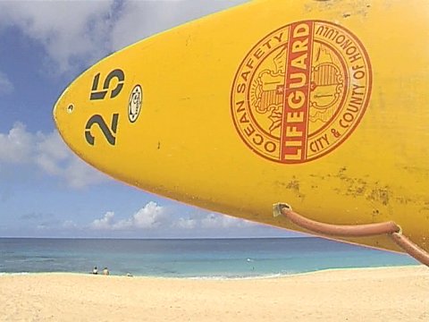 Ein Surfbrett mit dem Logo der hawaiianischen Rettungsschwimmer [Klick auf das Bild, schließt das Fenster]